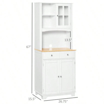 HOMCOM Freestanding 67 Kitchen Buffet with Hutch, Pantry Cabinet with Microwave Stand, Adjustable Shelf, 2 Drawers, Cupboard, White