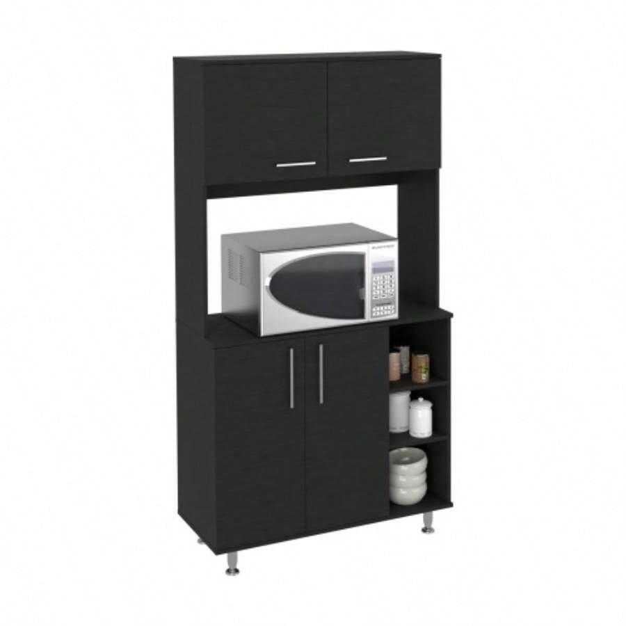 Kitchen Pantry Double Door Cabinet, Four, Three Shelves, Black