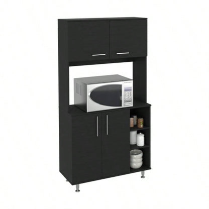 Kitchen Pantry Double Door Cabinet, Four, Three Shelves, Black