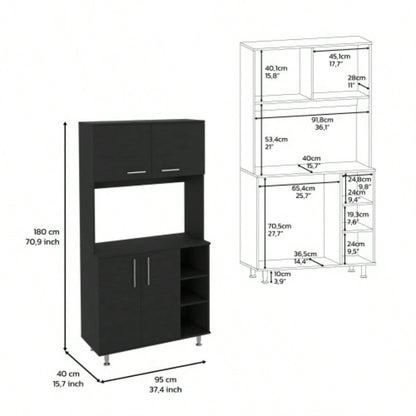 Kitchen Pantry Double Door Cabinet, Four, Three Shelves, Black
