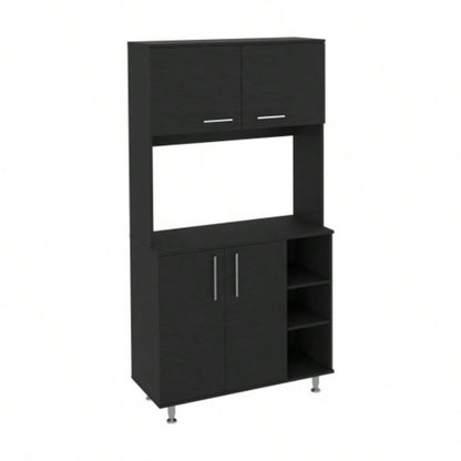 Kitchen Pantry Double Door Cabinet, Four, Three Shelves, Black