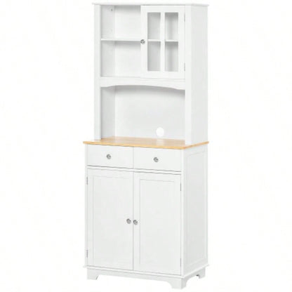 HOMCOM Freestanding 67 Kitchen Buffet with Hutch, Pantry Cabinet with Microwave Stand, Adjustable Shelf, 2 Drawers, Cupboard, White
