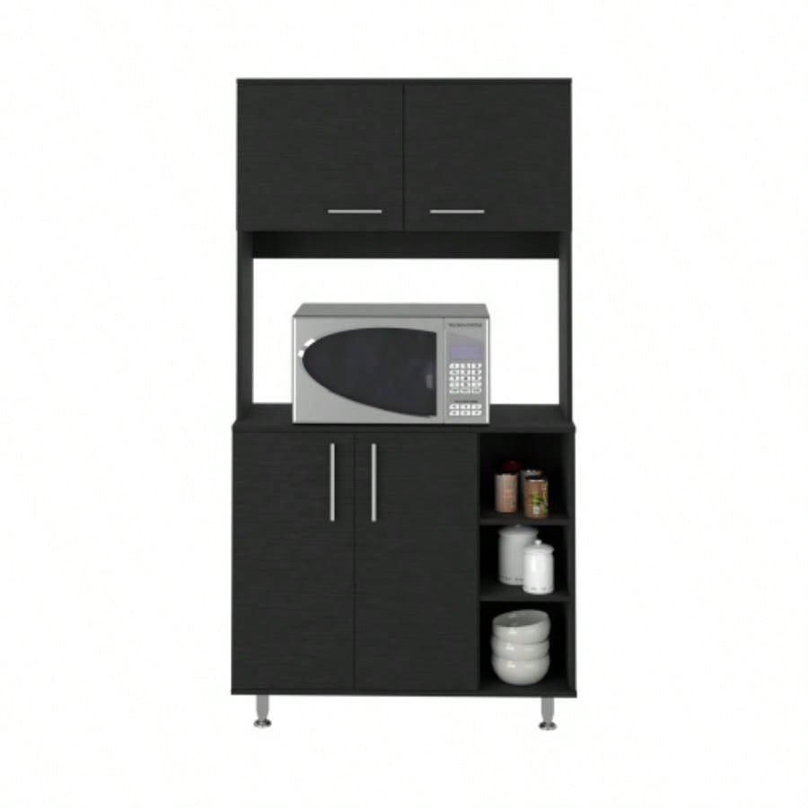 Kitchen Pantry Double Door Cabinet, Four, Three Shelves, Black