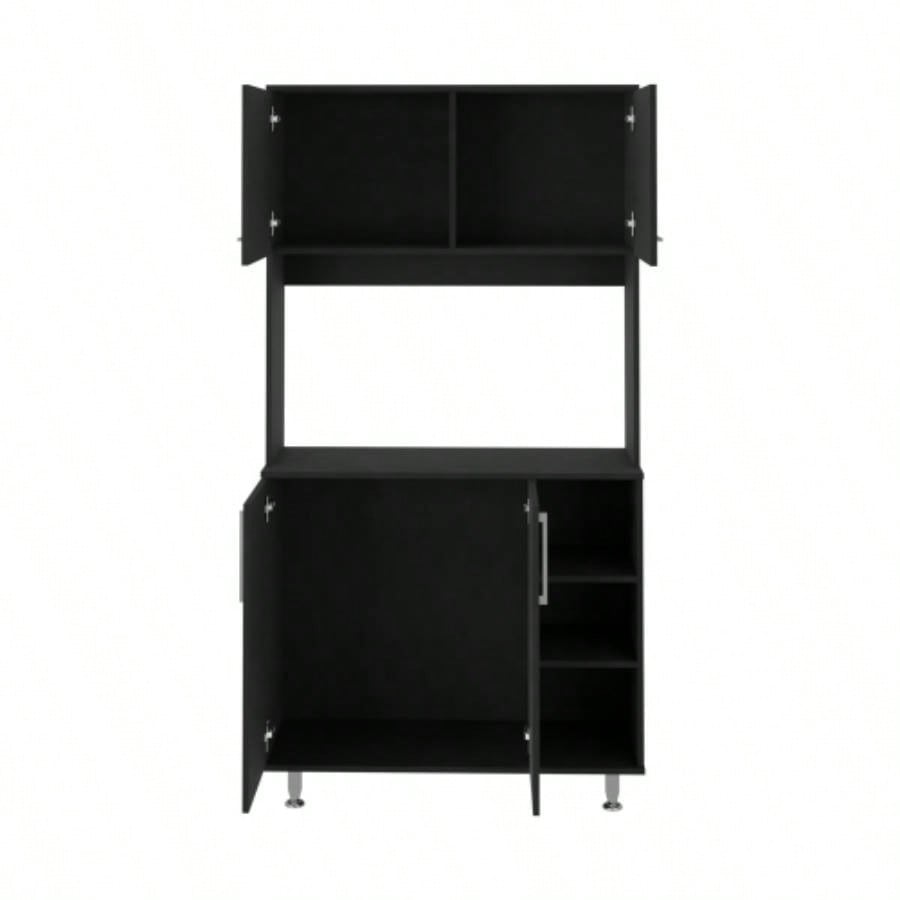 Kitchen Pantry Double Door Cabinet, Four, Three Shelves, Black