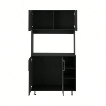 Kitchen Pantry Double Door Cabinet, Four, Three Shelves, Black