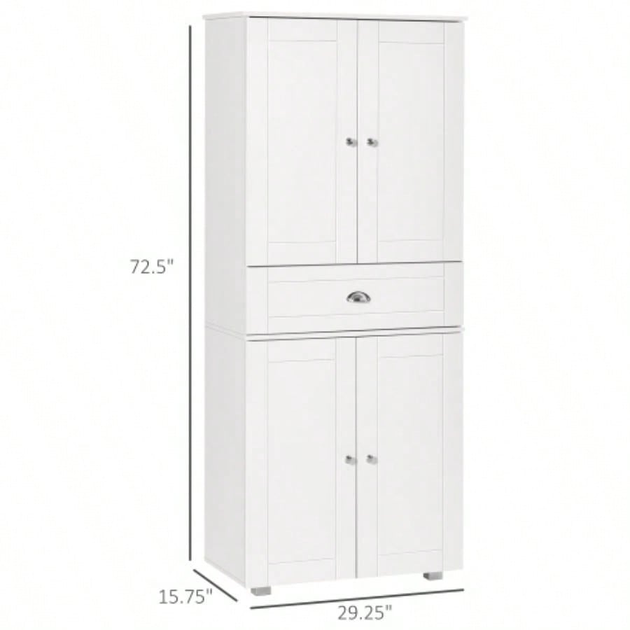 HOMCOM 72 Freestanding Kitchen Pantry Cabinet with 2 Large Double Door Cabinets and 1 Center Drawer, White