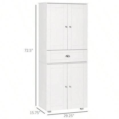HOMCOM 72 Freestanding Kitchen Pantry Cabinet with 2 Large Double Door Cabinets and 1 Center Drawer, White