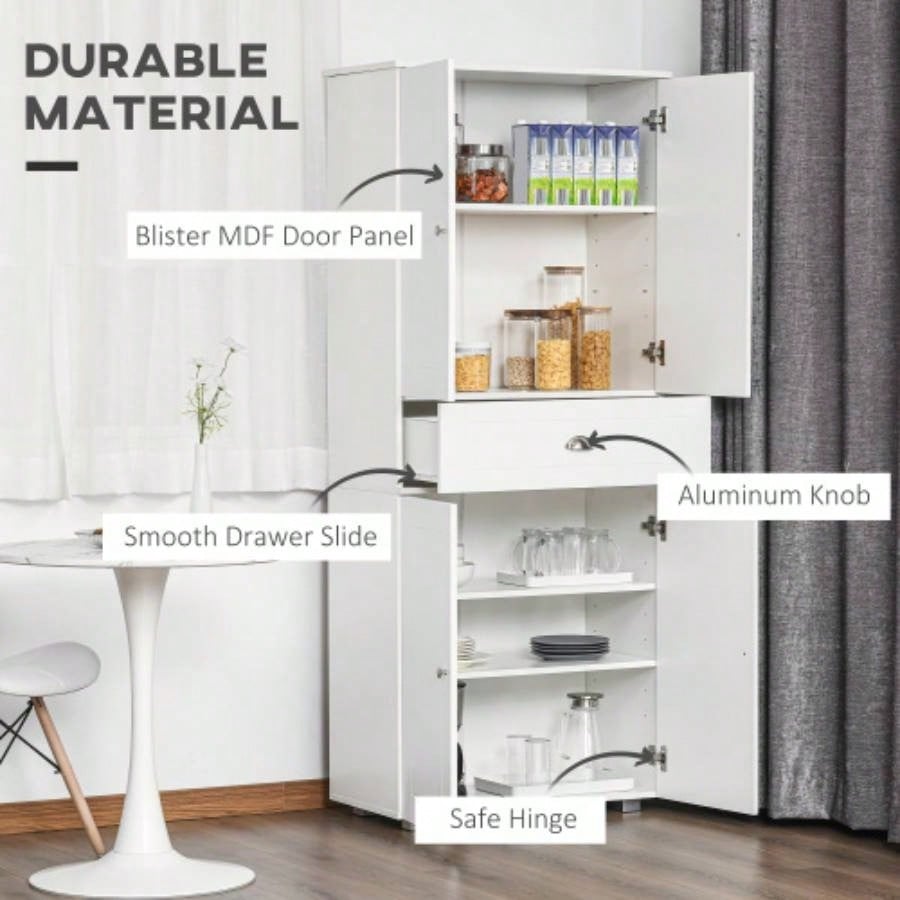 HOMCOM 72 Freestanding Kitchen Pantry Cabinet with 2 Large Double Door Cabinets and 1 Center Drawer, White