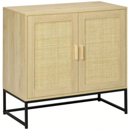 HOMCOM Accent Cabinet, Sideboard Buffet Cabinet with Rattan Doors, Adjustable Shelf and Metal Base, Boho Storage Cabinet Living Room, Kitchen, Natural