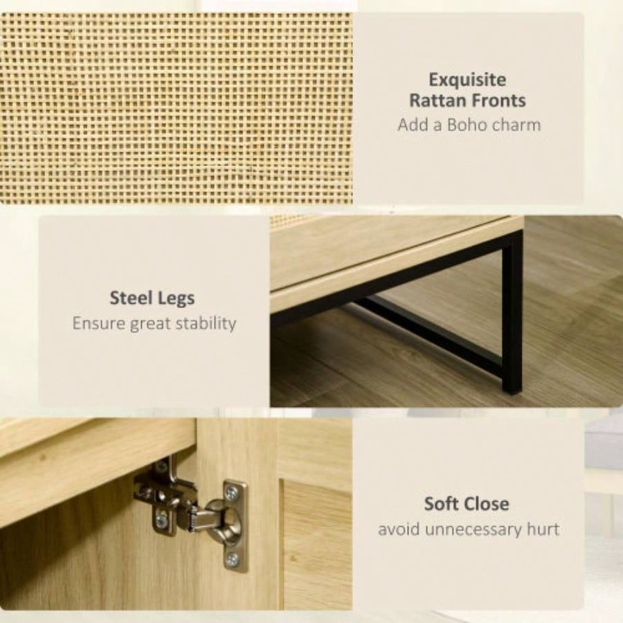 HOMCOM Accent Cabinet, Sideboard Buffet Cabinet with Rattan Doors, Adjustable Shelf and Metal Base, Boho Storage Cabinet Living Room, Kitchen, Natural