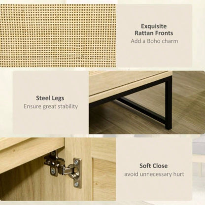 HOMCOM Accent Cabinet, Sideboard Buffet Cabinet with Rattan Doors, Adjustable Shelf and Metal Base, Boho Storage Cabinet Living Room, Kitchen, Natural