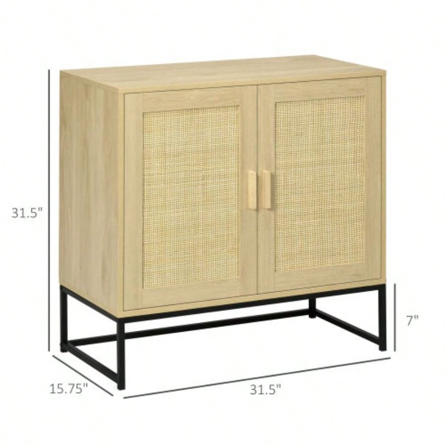 HOMCOM Accent Cabinet, Sideboard Buffet Cabinet with Rattan Doors, Adjustable Shelf and Metal Base, Boho Storage Cabinet Living Room, Kitchen, Natural