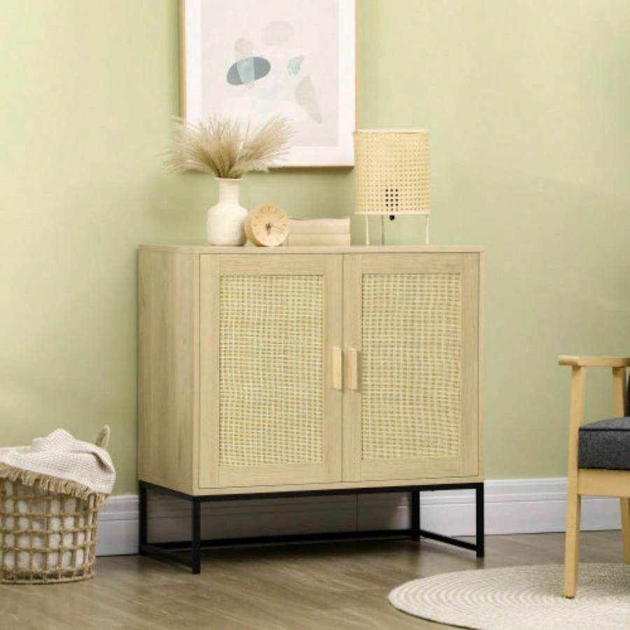 HOMCOM Accent Cabinet, Sideboard Buffet Cabinet with Rattan Doors, Adjustable Shelf and Metal Base, Boho Storage Cabinet Living Room, Kitchen, Natural