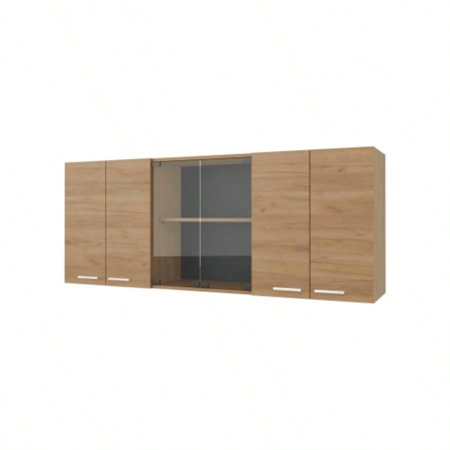 Lydia Wall Cabinet kitchen in Melamine wit 4 Doors and Glass Storage, Natural Oak