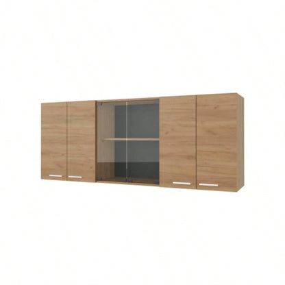 Lydia Wall Cabinet kitchen in Melamine wit 4 Doors and Glass Storage, Natural Oak