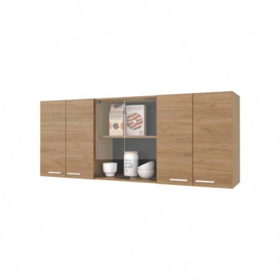 Lydia Wall Cabinet kitchen in Melamine wit 4 Doors and Glass Storage, Natural Oak