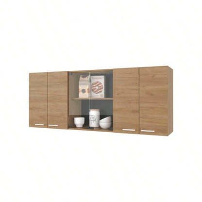 Lydia Wall Cabinet kitchen in Melamine wit 4 Doors and Glass Storage, Natural Oak