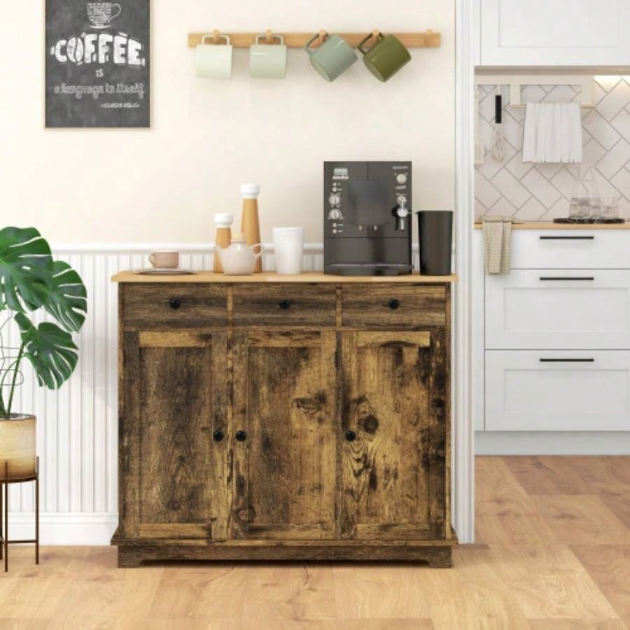 HOMCOM Sideboard with Solid Wood Countertop, Modern Kitchen Storage Cabinet, Coffee Bar Cabinet with 3 Drawers, Doors and Adjustable Shelf, Rustic Brown