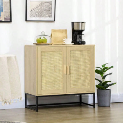 HOMCOM Accent Cabinet, Sideboard Buffet Cabinet with Rattan Doors, Adjustable Shelf and Metal Base, Boho Storage Cabinet Living Room, Kitchen, Natural