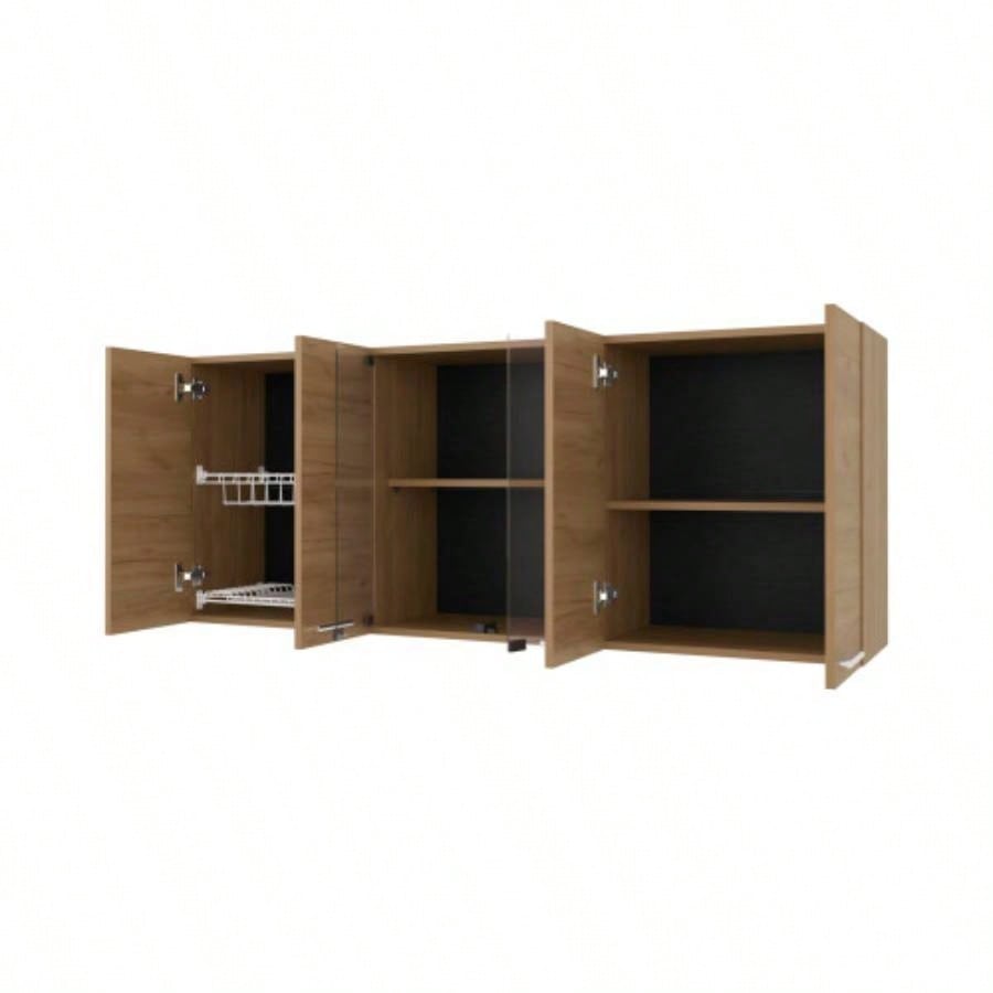 Lydia Wall Cabinet kitchen in Melamine wit 4 Doors and Glass Storage, Natural Oak