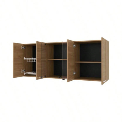 Lydia Wall Cabinet kitchen in Melamine wit 4 Doors and Glass Storage, Natural Oak