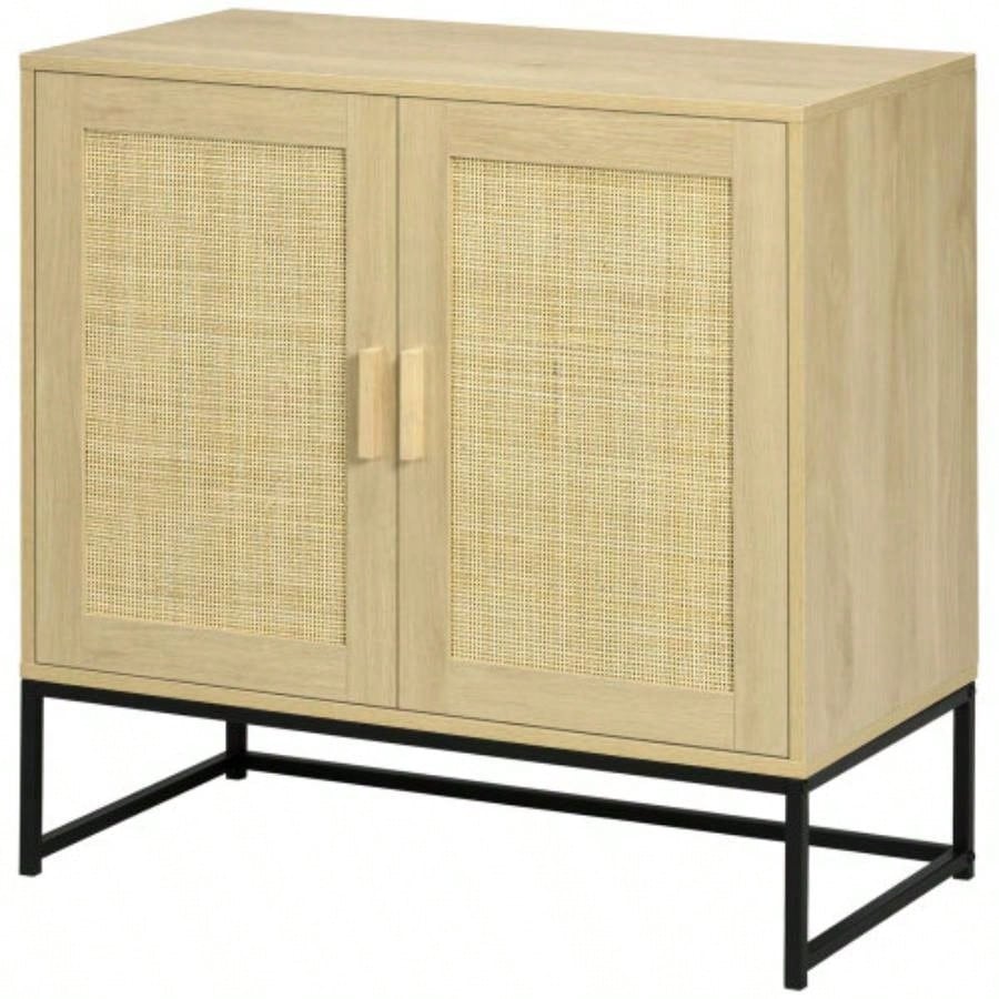 HOMCOM Accent Cabinet, Sideboard Buffet Cabinet with Rattan Doors, Adjustable Shelf and Metal Base, Boho Storage Cabinet Living Room, Kitchen, Natural