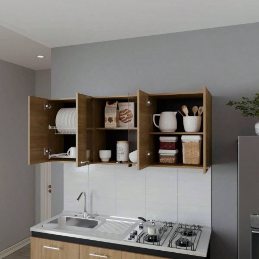 Lydia Wall Cabinet kitchen in Melamine wit 4 Doors and Glass Storage, Natural Oak