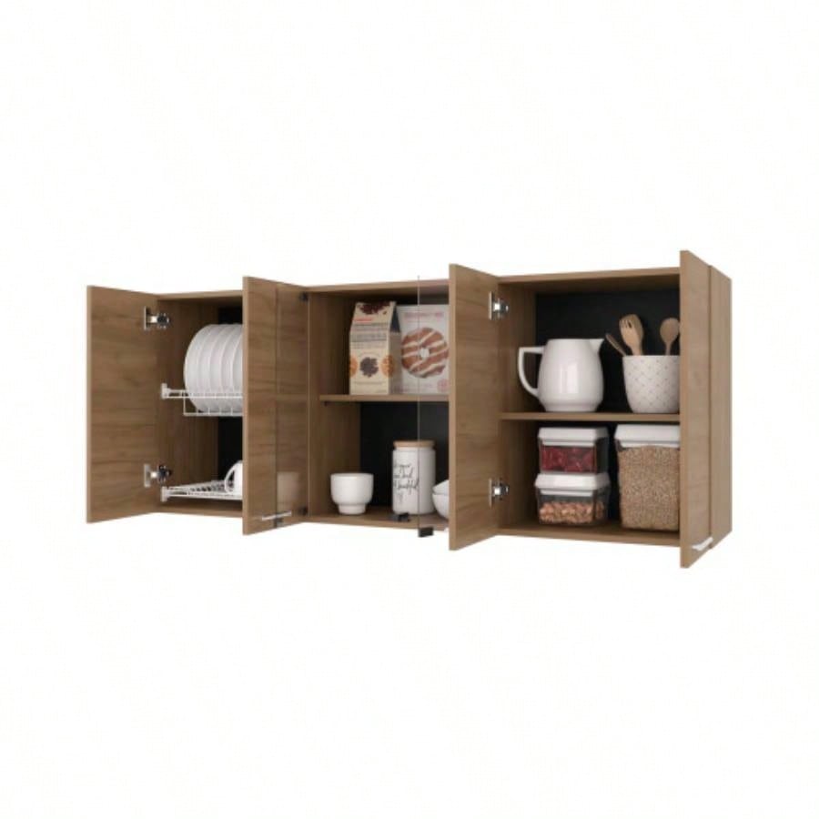 Lydia Wall Cabinet kitchen in Melamine wit 4 Doors and Glass Storage, Natural Oak