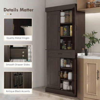 HOMCOM 71 Freestanding Kitchen Pantry with 4 Doors, and 2 Large Cabinets, Tall Storage Cabinet with Wide Drawer Dining Room, Coffee