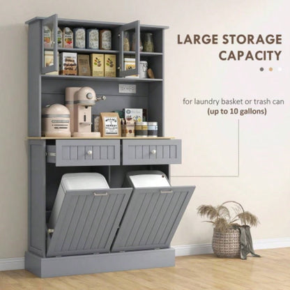 HOMCOM 68 Kitchen Pantry Storage Cabinet with Charging Station, 2 Tilt Out Trash Cabinets and Microwave Stand, Freestanding Kitchen Hutch with Glass Doors and Adjustable Shelf, Gray