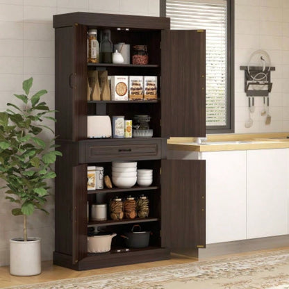 HOMCOM 71 Freestanding Kitchen Pantry with 4 Doors, and 2 Large Cabinets, Tall Storage Cabinet with Wide Drawer Dining Room, Coffee