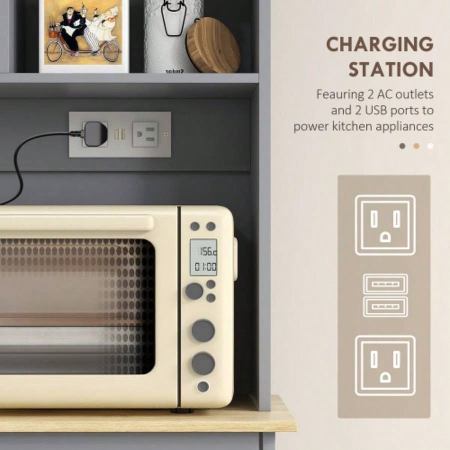 HOMCOM 68 Kitchen Pantry Storage Cabinet with Charging Station, 2 Tilt Out Trash Cabinets and Microwave Stand, Freestanding Kitchen Hutch with Glass Doors and Adjustable Shelf, Gray