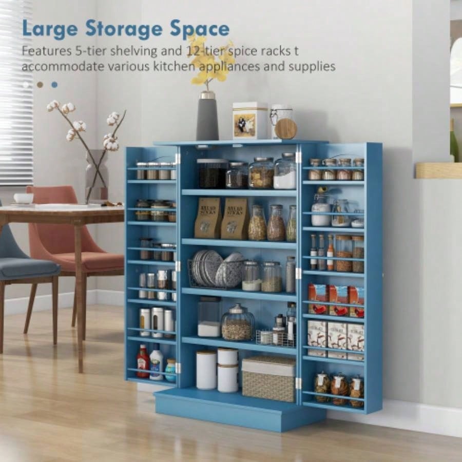 HOMCOM 41 Kitchen Pantry Storage Cabinet, Freestanding Kitchen Cabinet with 12 Door Shelves, Double Doors, 5 - tier Shelving and Adjustable Shelves, Blue