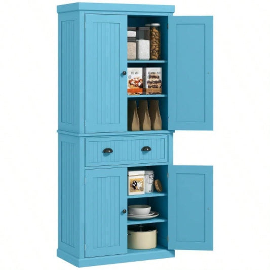 HOMCOM 72 Kitchen Pantry Cabinet, Freestanding Tall Storage Cabinet, Traditional Kitchen Cabinet with 4 Doors, Drawer and 3 Adjustable Shelves Dining Room, Light Blue