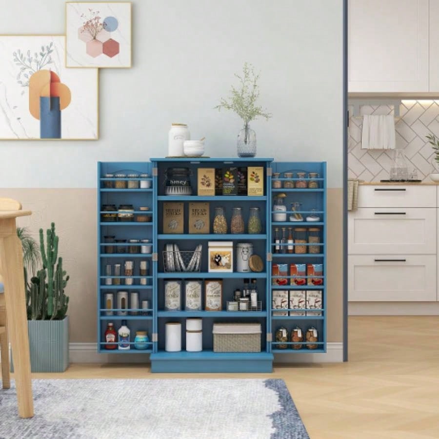 HOMCOM 41 Kitchen Pantry Storage Cabinet, Freestanding Kitchen Cabinet with 12 Door Shelves, Double Doors, 5 - tier Shelving and Adjustable Shelves, Blue