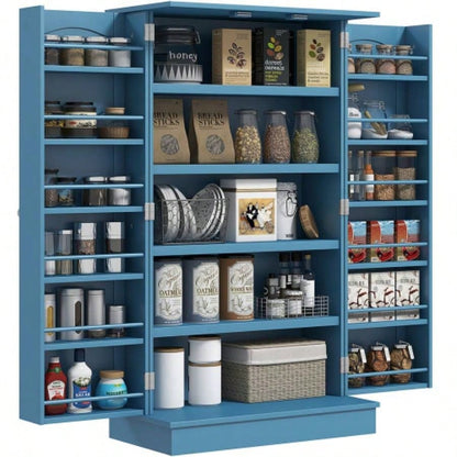 HOMCOM 41 Kitchen Pantry Storage Cabinet, Freestanding Kitchen Cabinet with 12 Door Shelves, Double Doors, 5 - tier Shelving and Adjustable Shelves, Blue