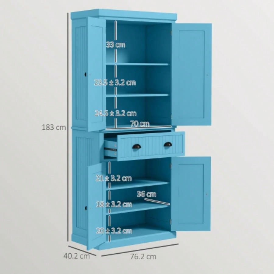 HOMCOM 72 Kitchen Pantry Cabinet, Freestanding Tall Storage Cabinet, Traditional Kitchen Cabinet with 4 Doors, Drawer and 3 Adjustable Shelves Dining Room, Light Blue