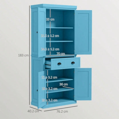 HOMCOM 72 Kitchen Pantry Cabinet, Freestanding Tall Storage Cabinet, Traditional Kitchen Cabinet with 4 Doors, Drawer and 3 Adjustable Shelves Dining Room, Light Blue