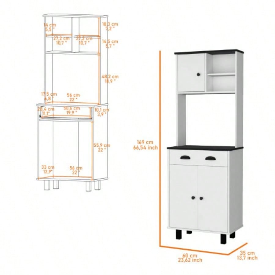 FM FURNITURE Tacna Kitchen Pantry with ample storage, 2 open shelves, 1 drawer, 1 cabinet, 2 shelves, White+wengue