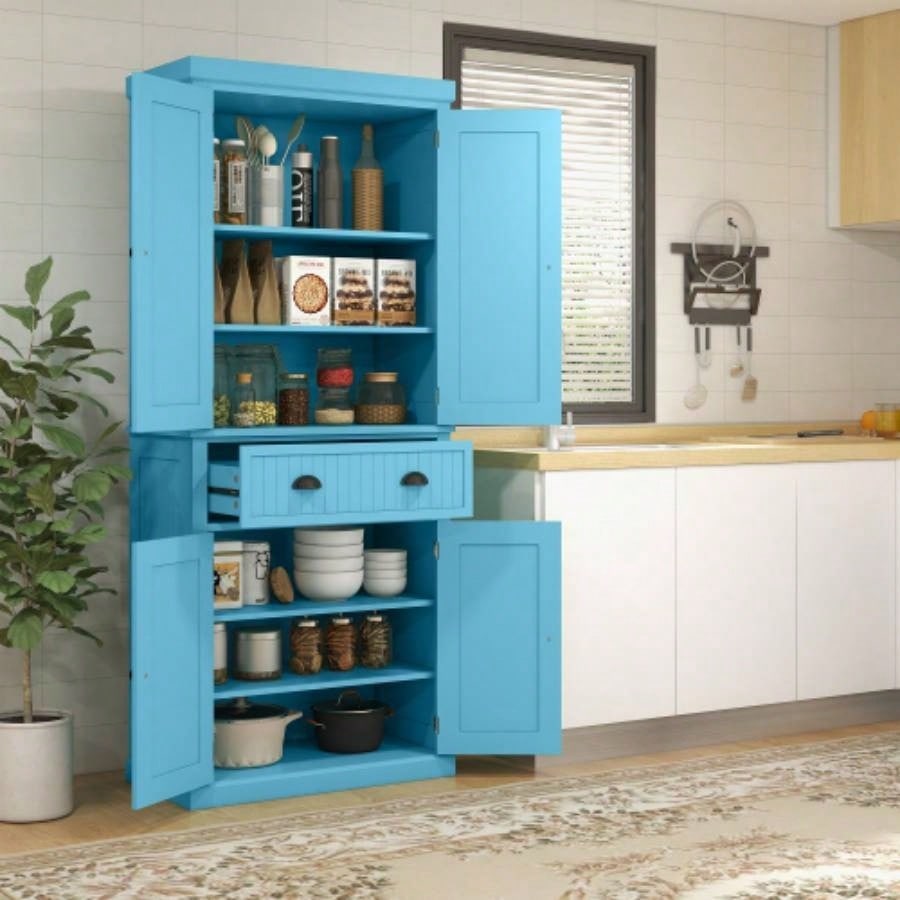HOMCOM 72 Kitchen Pantry Cabinet, Freestanding Tall Storage Cabinet, Traditional Kitchen Cabinet with 4 Doors, Drawer and 3 Adjustable Shelves Dining Room, Light Blue