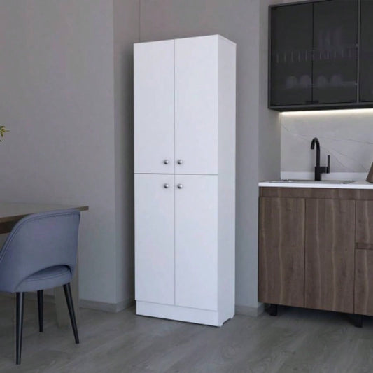 White Pantry Cabinet with 4 Doors and 5 Hidden Shelves