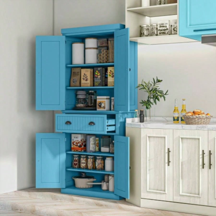 HOMCOM 72 Kitchen Pantry Cabinet, Freestanding Tall Storage Cabinet, Traditional Kitchen Cabinet with 4 Doors, Drawer and 3 Adjustable Shelves Dining Room, Light Blue