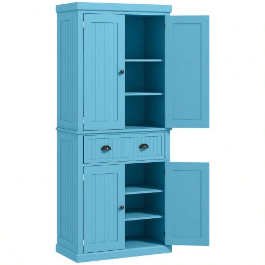HOMCOM 72 Kitchen Pantry Cabinet, Freestanding Tall Storage Cabinet, Traditional Kitchen Cabinet with 4 Doors, Drawer and 3 Adjustable Shelves Dining Room, Light Blue