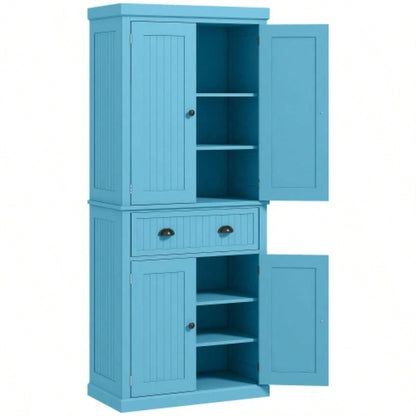 HOMCOM 72 Kitchen Pantry Cabinet, Freestanding Tall Storage Cabinet, Traditional Kitchen Cabinet with 4 Doors, Drawer and 3 Adjustable Shelves Dining Room, Light Blue
