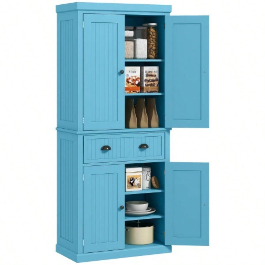 HOMCOM 72 Kitchen Pantry Cabinet, Freestanding Tall Storage Cabinet, Traditional Kitchen Cabinet with 4 Doors, Drawer and 3 Adjustable Shelves Dining Room, Light Blue