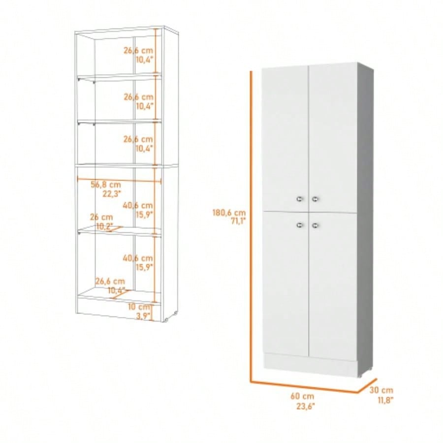 White Pantry Cabinet with 4 Doors and 5 Hidden Shelves