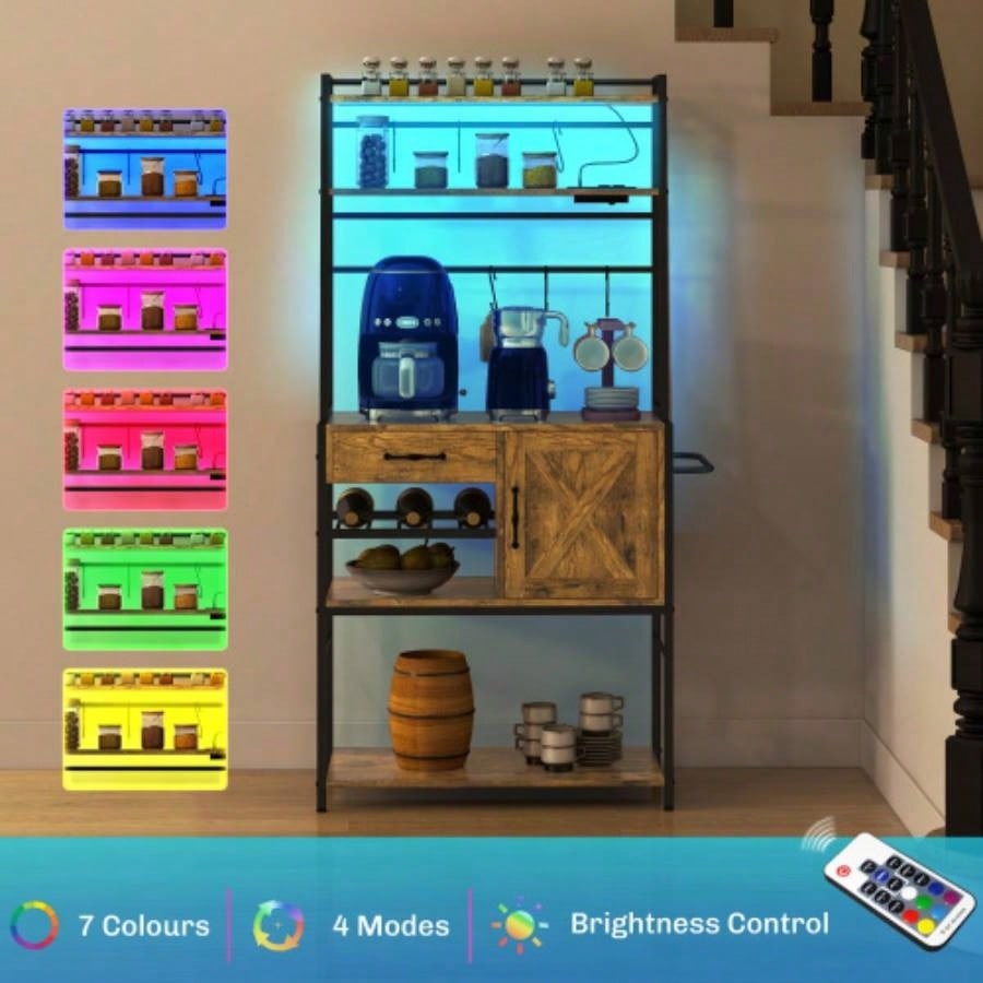 HOMCOM Bakers Rack with Power Outlet and LED Lights, Coffee Bar with Storage Shelves, Industrial Microwave Stand with Wine Bottle Rack, Drawer, Barn Door Cabinet, Rustic Brown