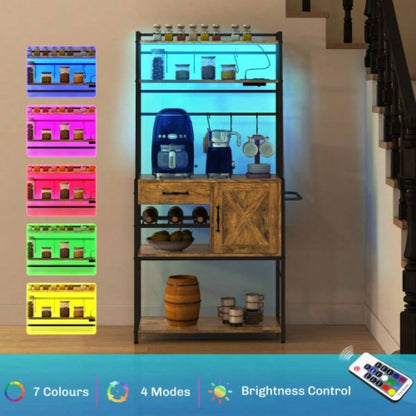 HOMCOM Bakers Rack with Power Outlet and LED Lights, Coffee Bar with Storage Shelves, Industrial Microwave Stand with Wine Bottle Rack, Drawer, Barn Door Cabinet, Rustic Brown