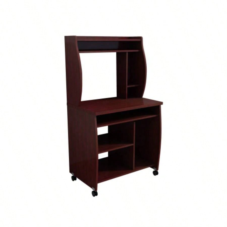 Microwave cart computer cart utility cart with hutch shelves spice rack mobile on locking castors mahogany
