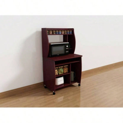 Microwave cart computer cart utility cart with hutch shelves spice rack mobile on locking castors mahogany